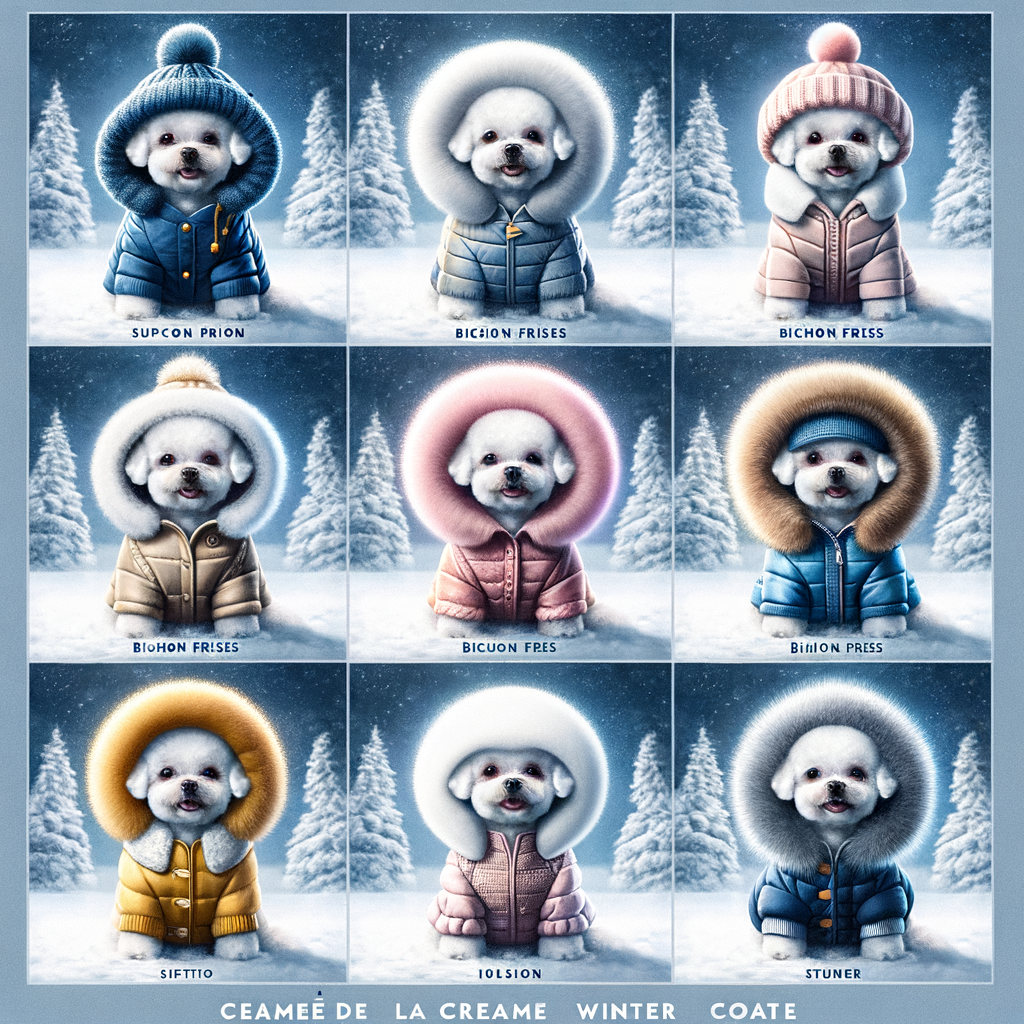 Top-rated Bichon Frises winter coats in various styles and colors, showcasing the best dog winter wardrobe for keeping Bichon Frises warm.