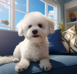 Bichon Frise, on a couch, indoors, sunny day
