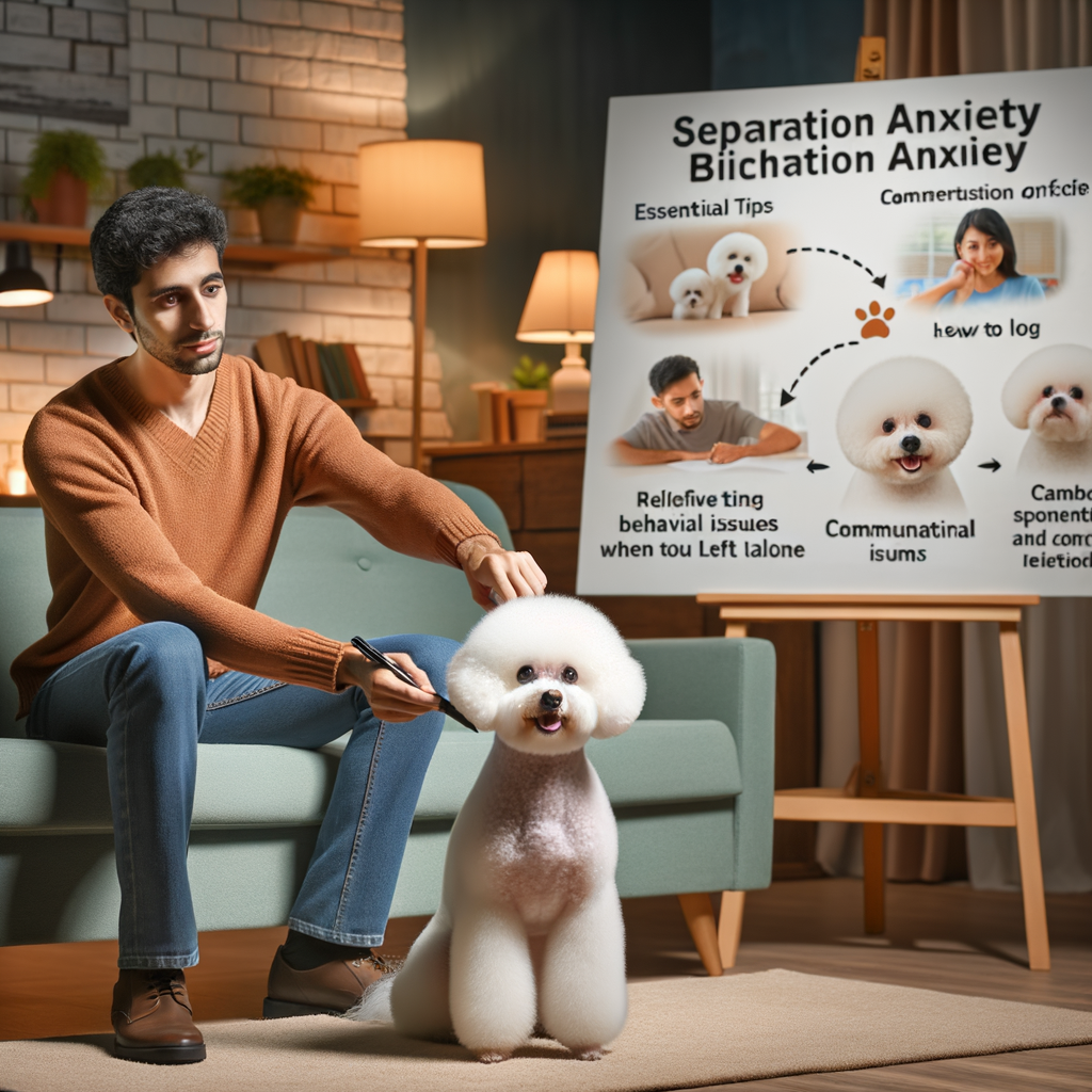 Professional trainer demonstrating Bichon Frise separation anxiety management techniques, providing tips for preventing dog anxiety, reducing Bichon Frise stress, and coping with pet absences in a home setting.
