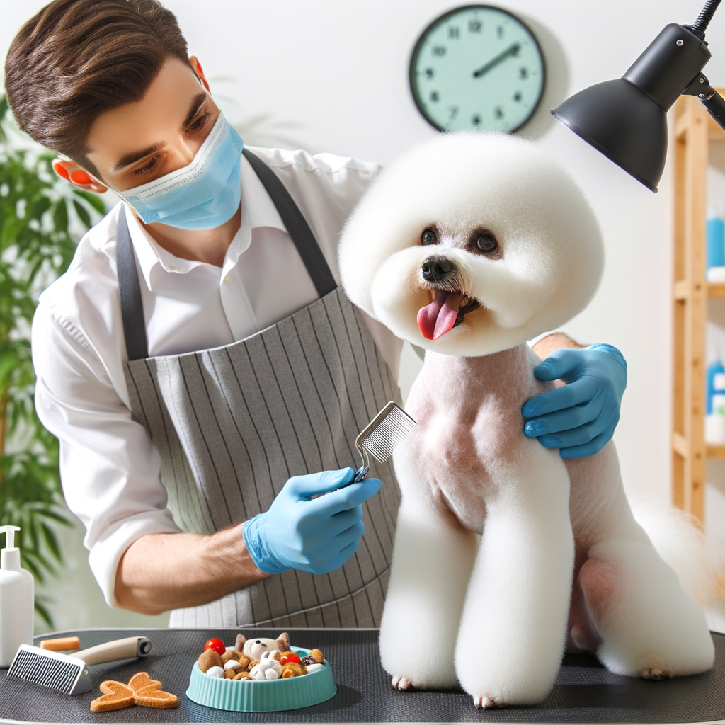 Professional groomer demonstrating Bichon Frises summer care and grooming tips, including skin care, hydration, diet, and exercise for Bichon Frises in hot weather.