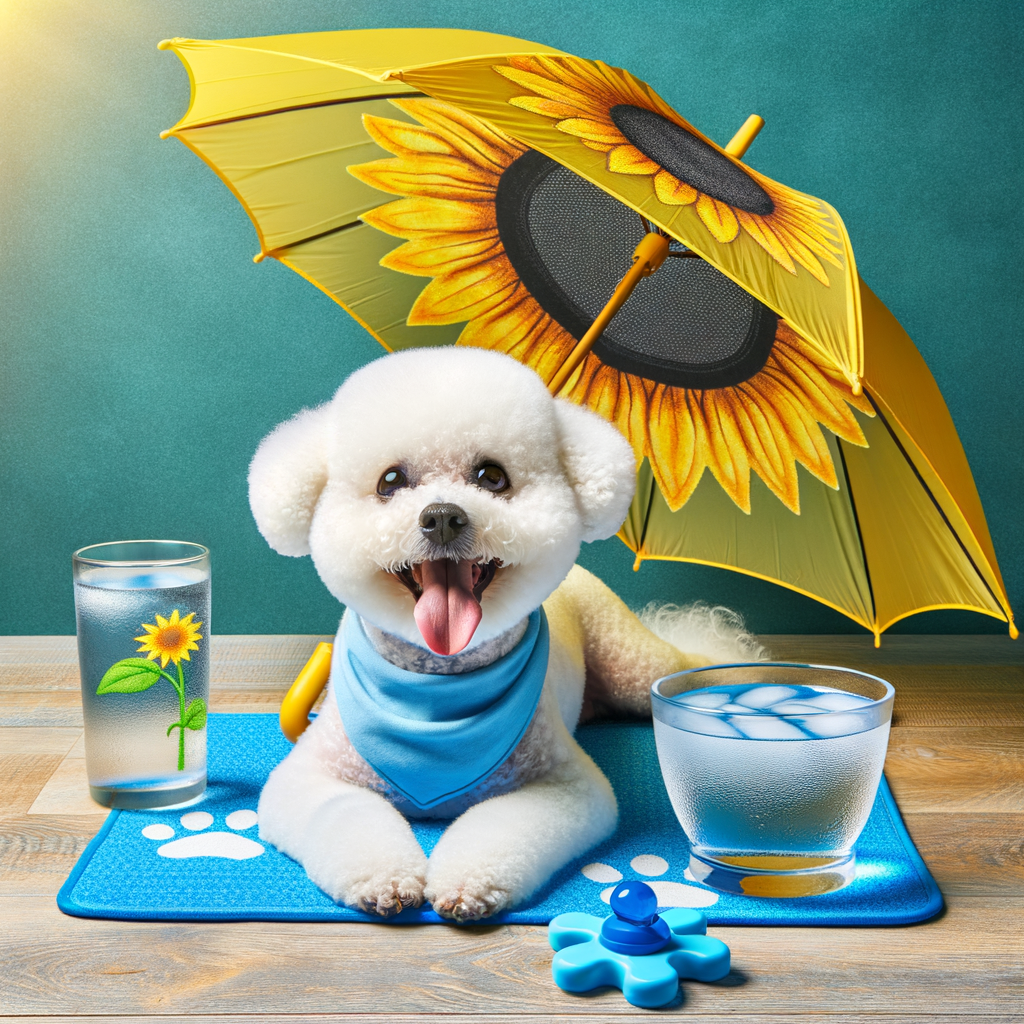 Bichon Frise enjoying summer under an umbrella, demonstrating Bichon Frise heat safety tips and precautions for hot weather care, including keeping Bichon Frise cool and preventing heat stroke.