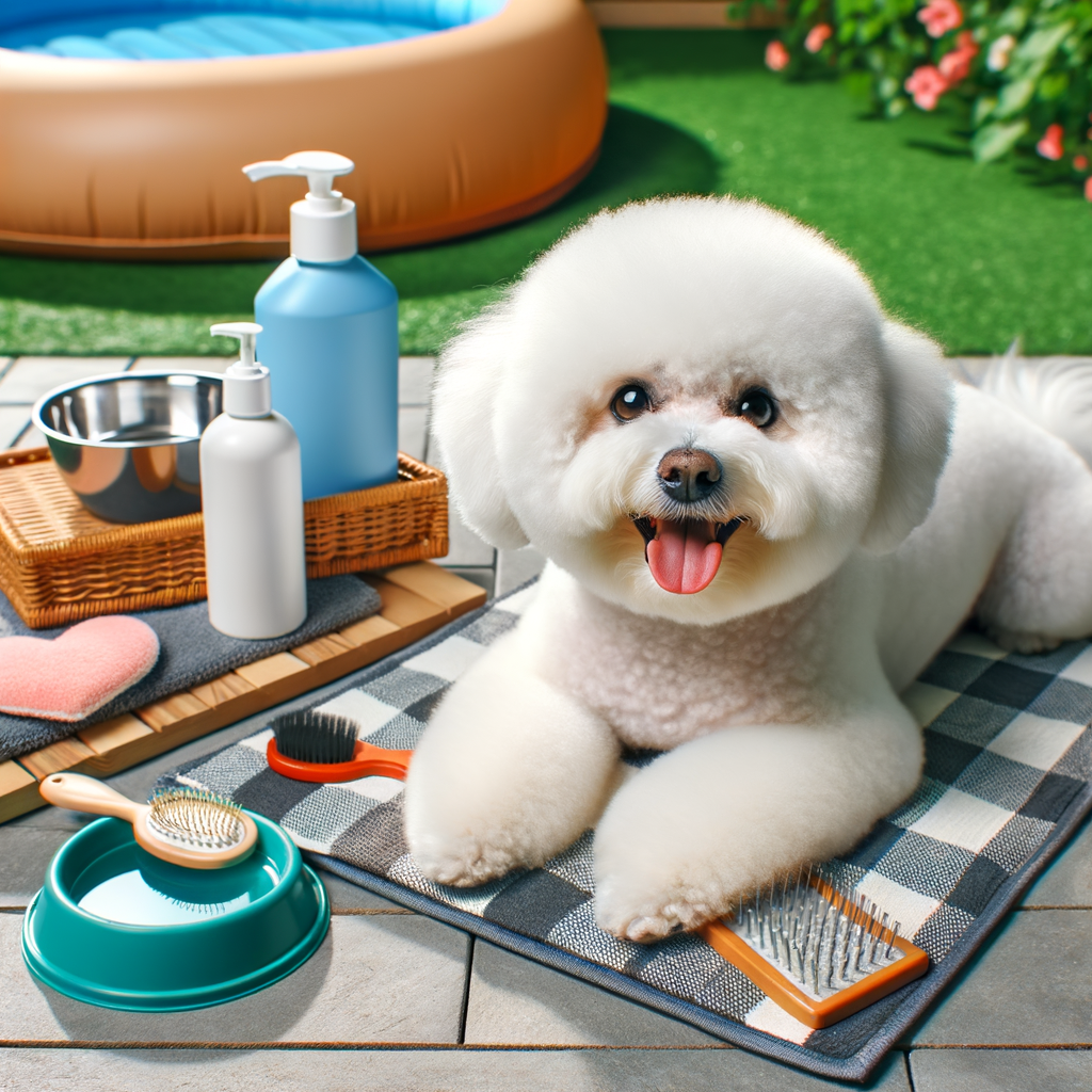 Bichon Frise enjoying summer care essentials like a cooling mat, grooming brush, and fresh water, demonstrating key tips for Bichon Frise summer survival, heat safety, and comfort.