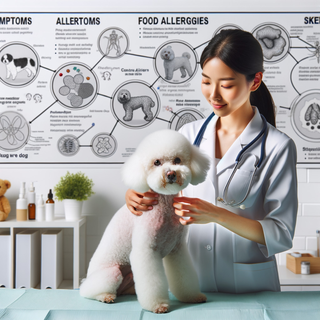 Veterinarian examining a Bichon Frise dog, highlighting Bichon Frise skin and food allergies, with charts on Bichon Frise allergy symptoms, treatments, prevention methods, and remedies in the background.