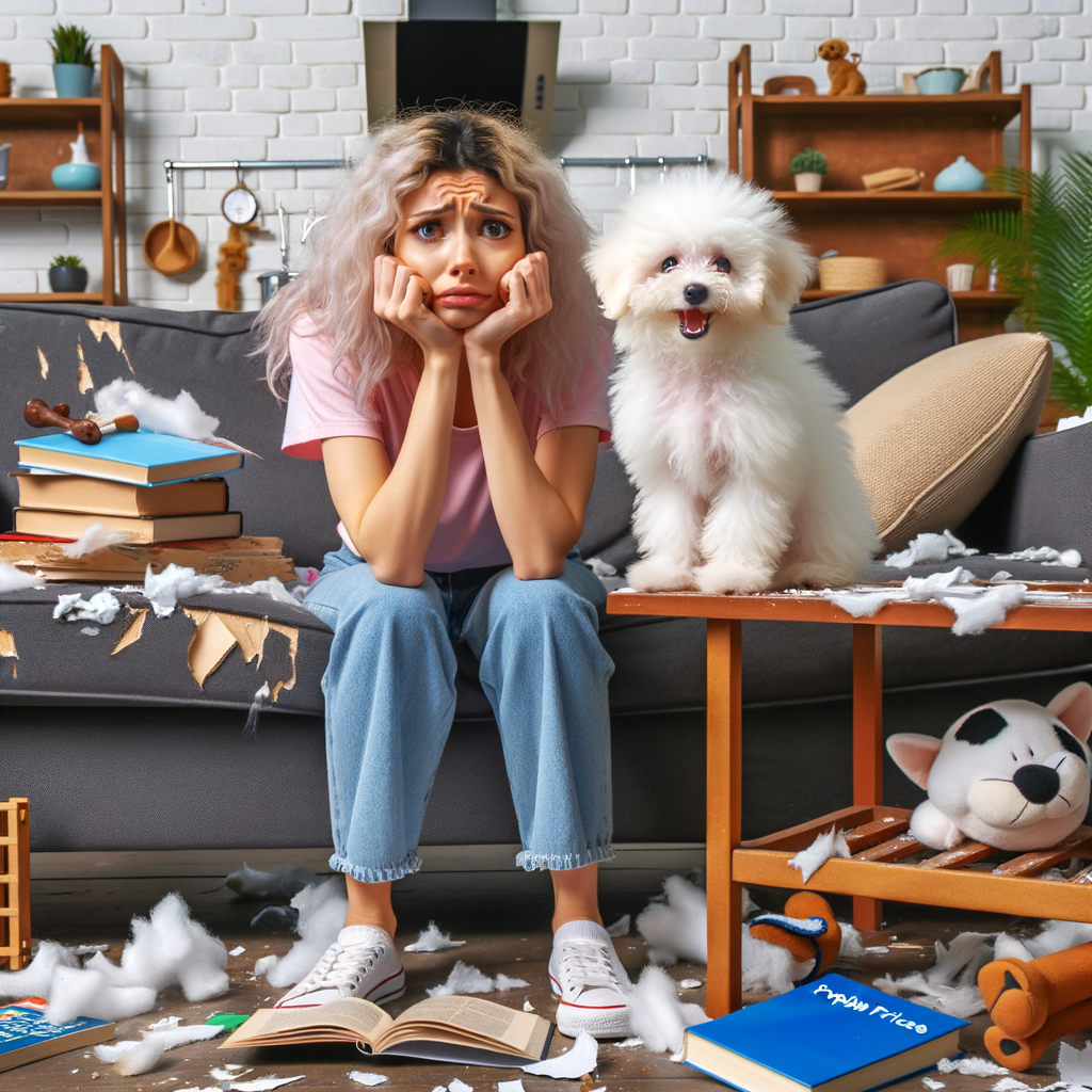 New Bichon Frise owner looking anxious on couch with playful puppy, surrounded by care books and chewed furniture, illustrating Bichon Frise puppy challenges and strategies for coping with puppy blues.