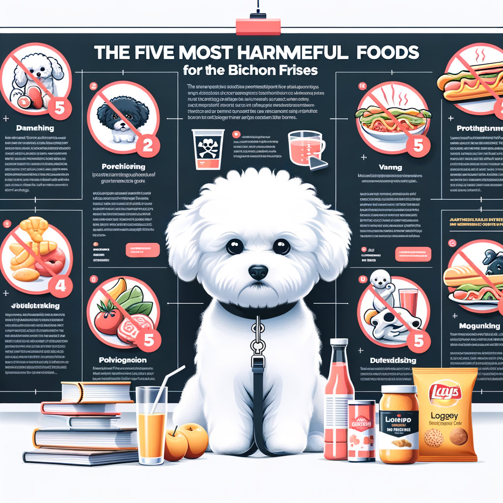 Infographic illustrating top five toxic foods for Bichon Frises diet, highlighting Bichon Frises food safety precautions, dietary restrictions, and potential hazards to ensure optimal nutrition and avoid food poisoning.