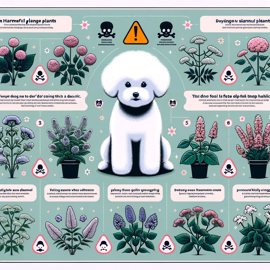 Infographic illustrating five dangerous plants for Bichon Frises, including Bichon Frises safety tips to avoid these floral hazards and potential health risks.