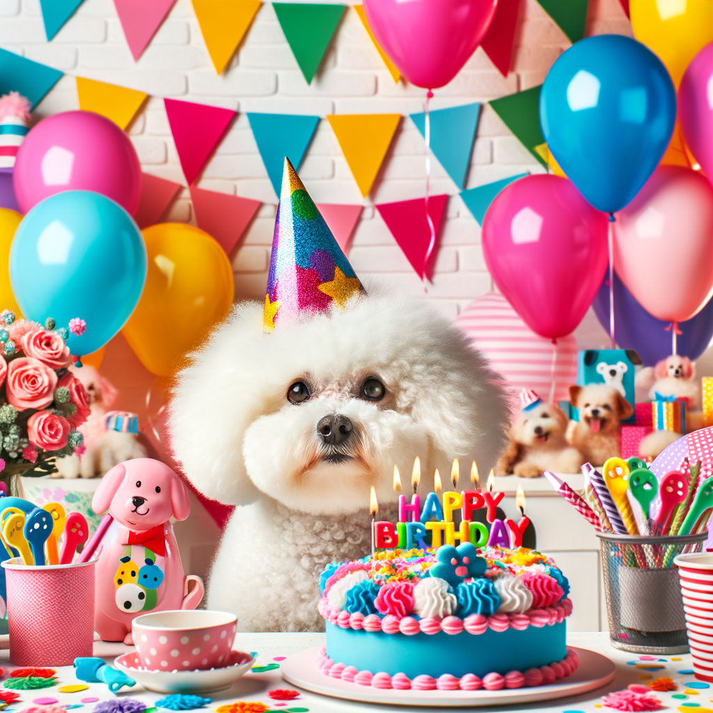 Bichon Frise birthday party celebration with a Bichon Frise in a party hat, Bichon Frise-themed cake, balloons, and banners, showcasing creative dog birthday party ideas and tips for a joyful pet birthday celebration.