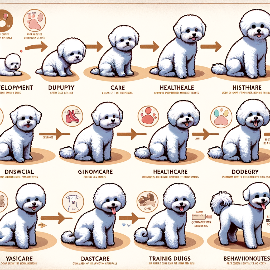 Infographic detailing Bichon Frise puppy care to adult care, showcasing Bichon Frise lifespan, health care, grooming, feeding guide, training, behavior, and development stages for comprehensive Bichon Frise care.