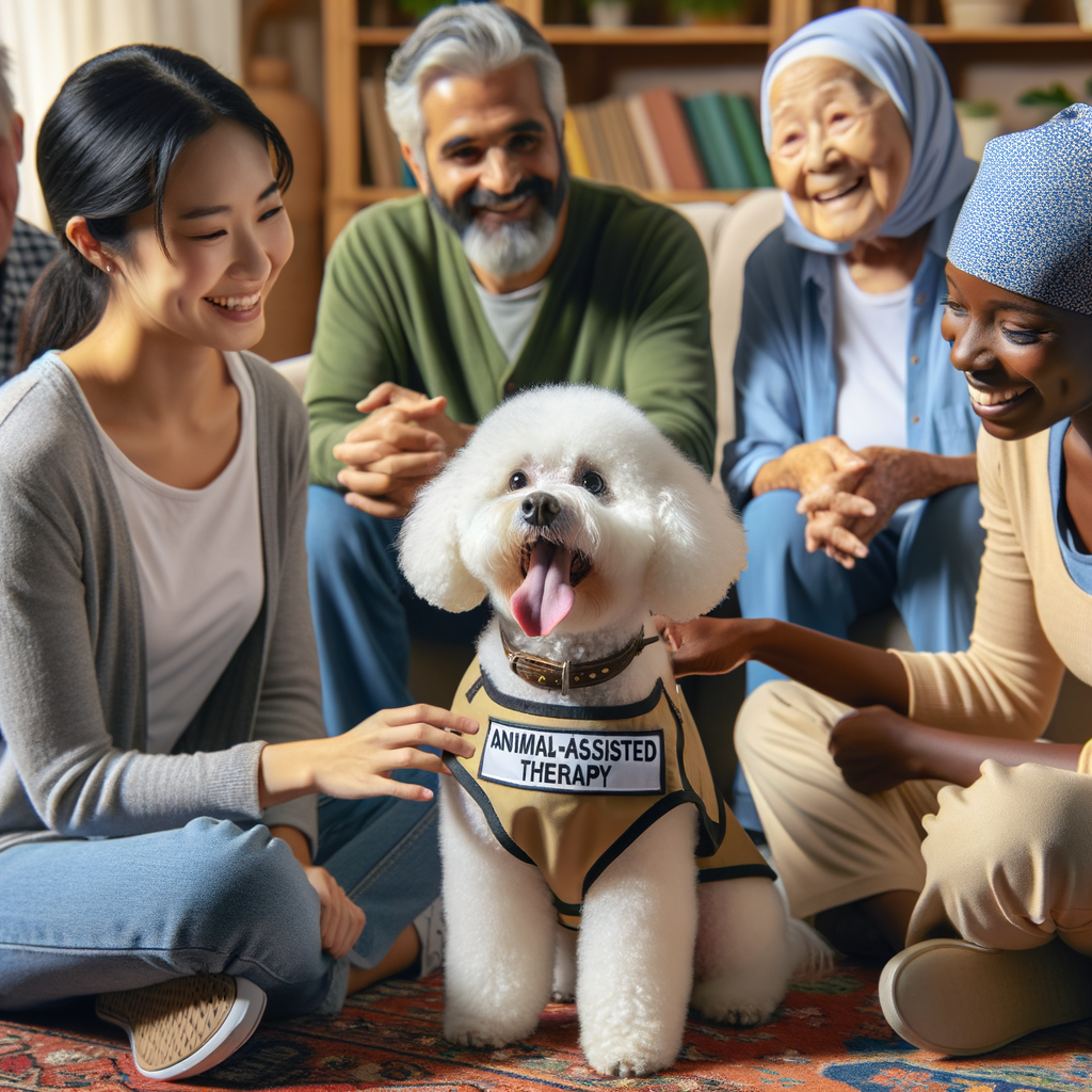 Bichon Frise therapy dog in vest providing emotional support in an animal-assisted therapy session, showcasing the therapy potential and suitability of Bichon Frise as therapy pets.