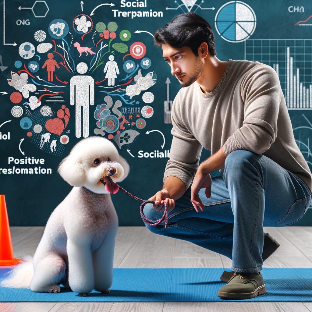 Professional trainer showcasing Bichon Frise social skills and friendly temperament during a power of socialization training session, emphasizing the importance of understanding Bichon Frise behavior and personality traits.