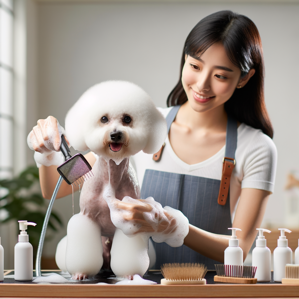 Professional dog groomer demonstrating Bichon Frise bathing guide and grooming tips, highlighting the bath routine for maintaining Bichon Frise cleanliness and a fresh coat.