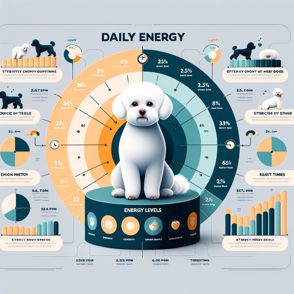 Infographic illustrating Bichon Frise energy levels, exercise needs, rest requirements, and behavior for optimal health and energy management.