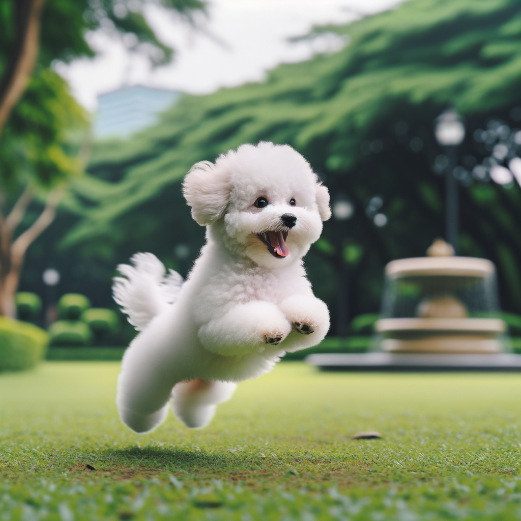 Active Bichon Frise pup demonstrating Bichon Frise exercise essentials in a park, promoting a healthy lifestyle and fitness for Bichon Frise health.