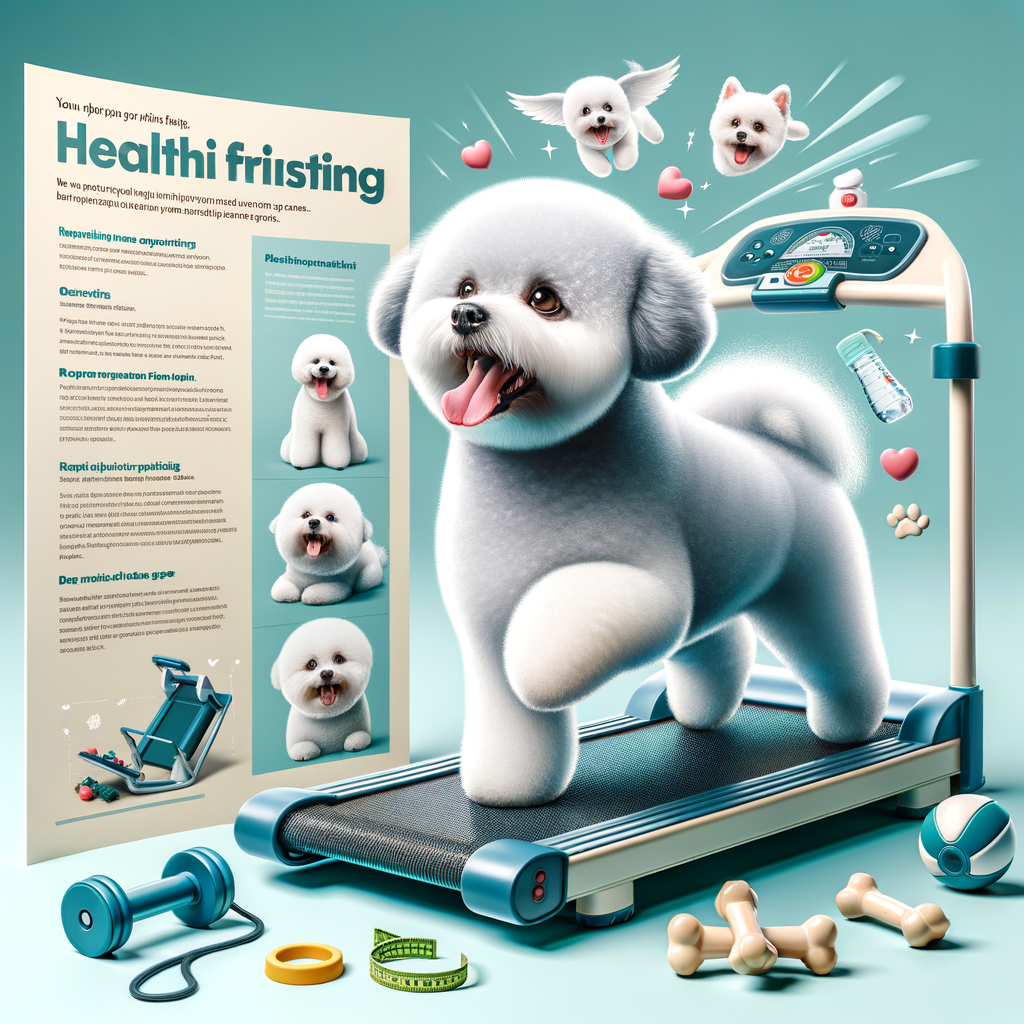 Bichon Frise enthusiastically participating in a workout routine with exercise essentials like a treadmill and toys, promoting Bichon Frise health, fitness, and activity level, with a sidebar of healthy Bichon Frise tips for keeping your pup active.