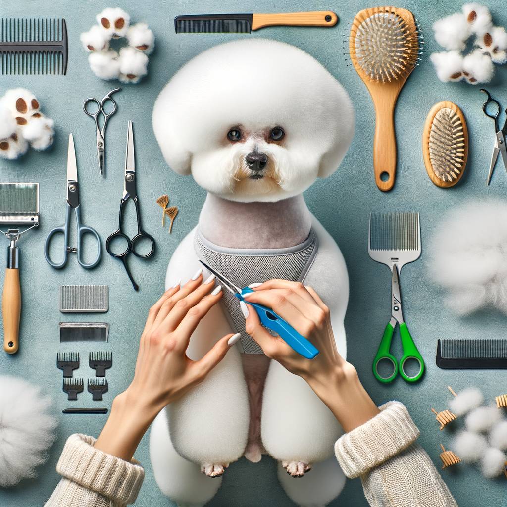 Professional groomer demonstrating Bichon Frise grooming steps with essential tools, providing a DIY Bichon Frise grooming guide and showcasing how to maintain a Bichon Frise coat for optimal Bichon Frise care.