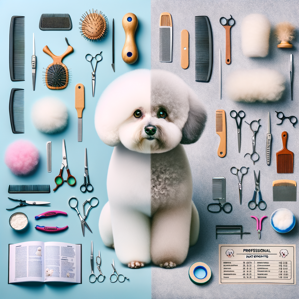 Bichon Frise during grooming session showing contrast between DIY dog grooming at home and professional Bichon Frise grooming services, with tools, guide, and cost details for a comprehensive Bichon Frise makeover.