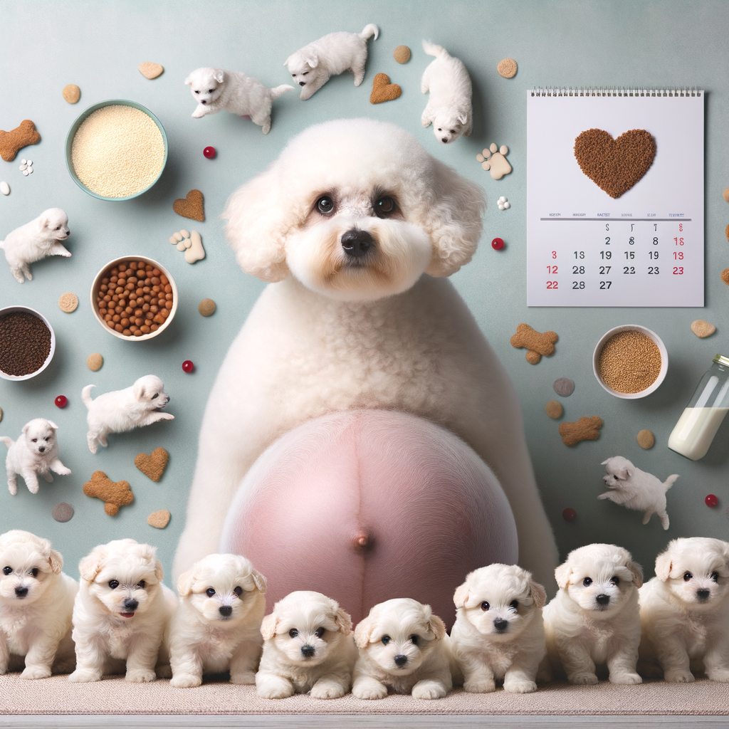 Pregnant Bichon Frise with her previous litter, illustrating the average Bichon Frise litter size, expectations for Bichon Frise pregnancy, and the duration and care required for Bichon Frise breeding and puppy birth.