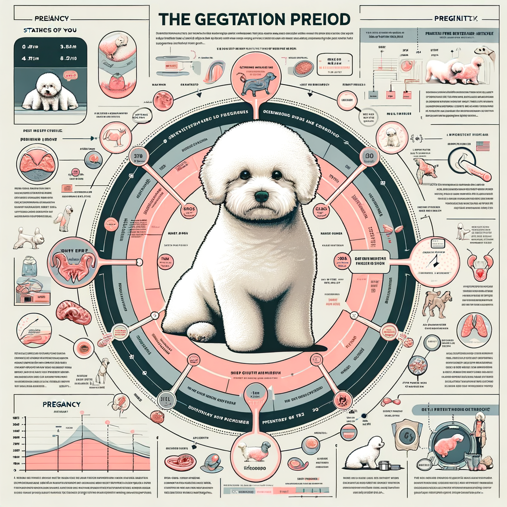 Infographic detailing Bichon Frise pregnancy duration, gestation period, breeding cycle, and pregnancy stages with a timeline and tips for Bichon Frise pregnancy care.