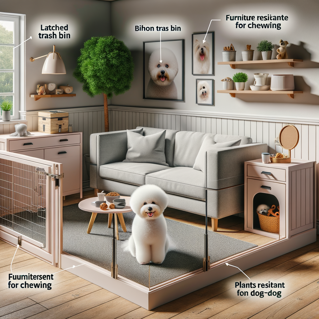 Bichon Frise safety measures implemented in a well-organized, pet-proofed home setup, showcasing a safe space with chew-safe furniture, secured trash bin, non-toxic houseplants, and a dedicated pet area for Bichon Frise home safety.