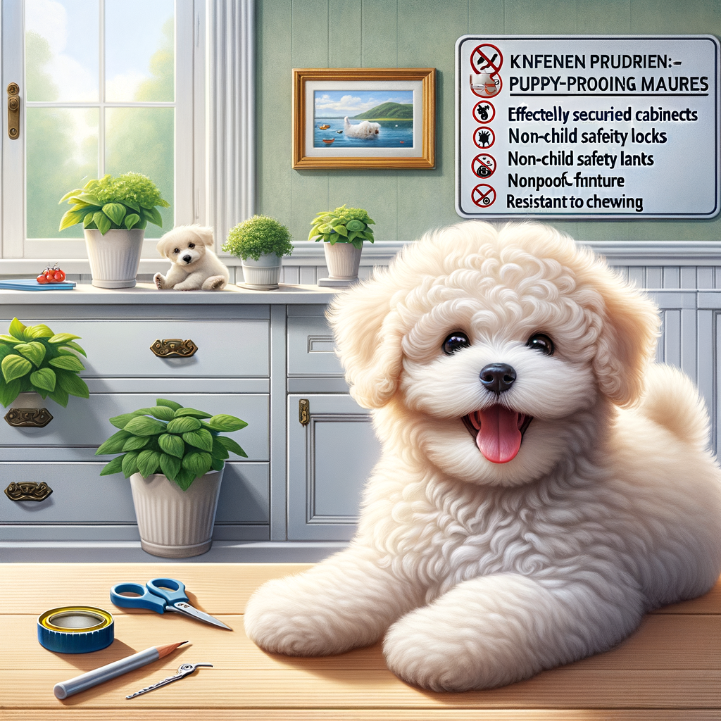 Bichon Frise puppy safely exploring a well-prepared, puppy-proofed home environment, demonstrating effective Bichon Frise proofing tips and safety measures for puppies at home