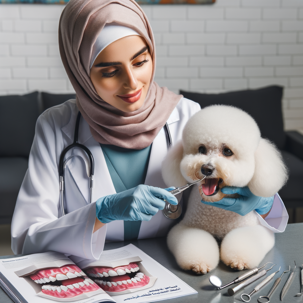 Veterinarian performing Bichon Frise dental care for fresh breath and healthy teeth, demonstrating Bichon Frise oral hygiene with dental health tools and a guide, emphasizing the importance of maintaining Bichon Frise dental health.