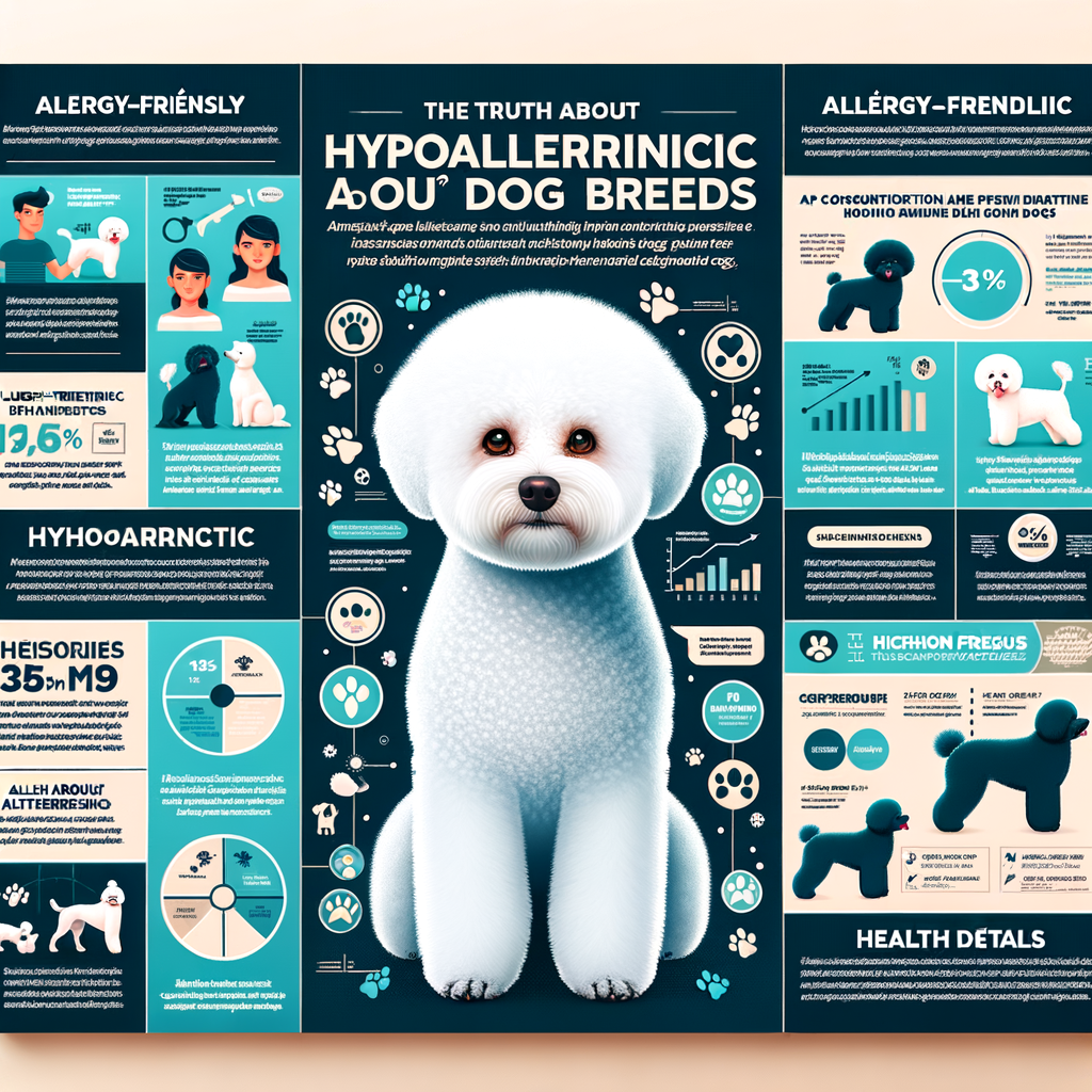 Infographic debunking the Bichon Frises hypoallergenic myth, providing Bichon Frises breed and health information, and illustrating the relationship between hypoallergenic dogs, specifically Bichon Frises, and allergy sufferers.