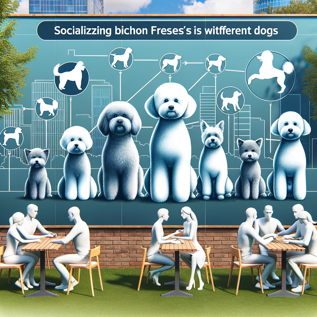 Diverse dog breeds happily interacting with Bichon Frises in a park, illustrating Bichon Frises social behavior, compatibility, and tips for socializing with other friendly breeds.