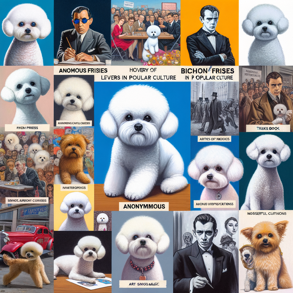 Collage of famous Bichon Frises in media, movies, TV shows, literature, art, music, and as celebrity pets, highlighting the history of Bichon Frises in popular culture.