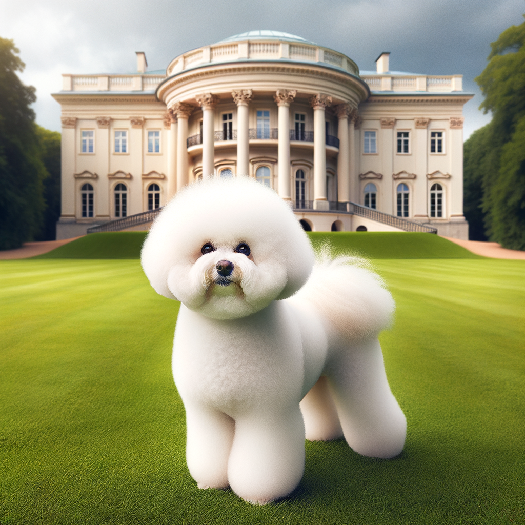 Bichon Frise, a historical presidential pet, standing on the White House lawn, symbolizing the role of Bichon Frises in Presidential history and as beloved White House pets.