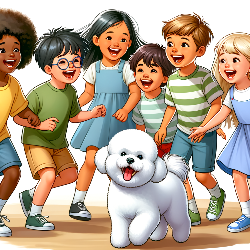 Bichon Frises and children laughing together, illustrating Bichon Frises as kid-friendly family pets, showcasing their safe and companionable behavior, and the joy of raising Bichon Frises with kids.