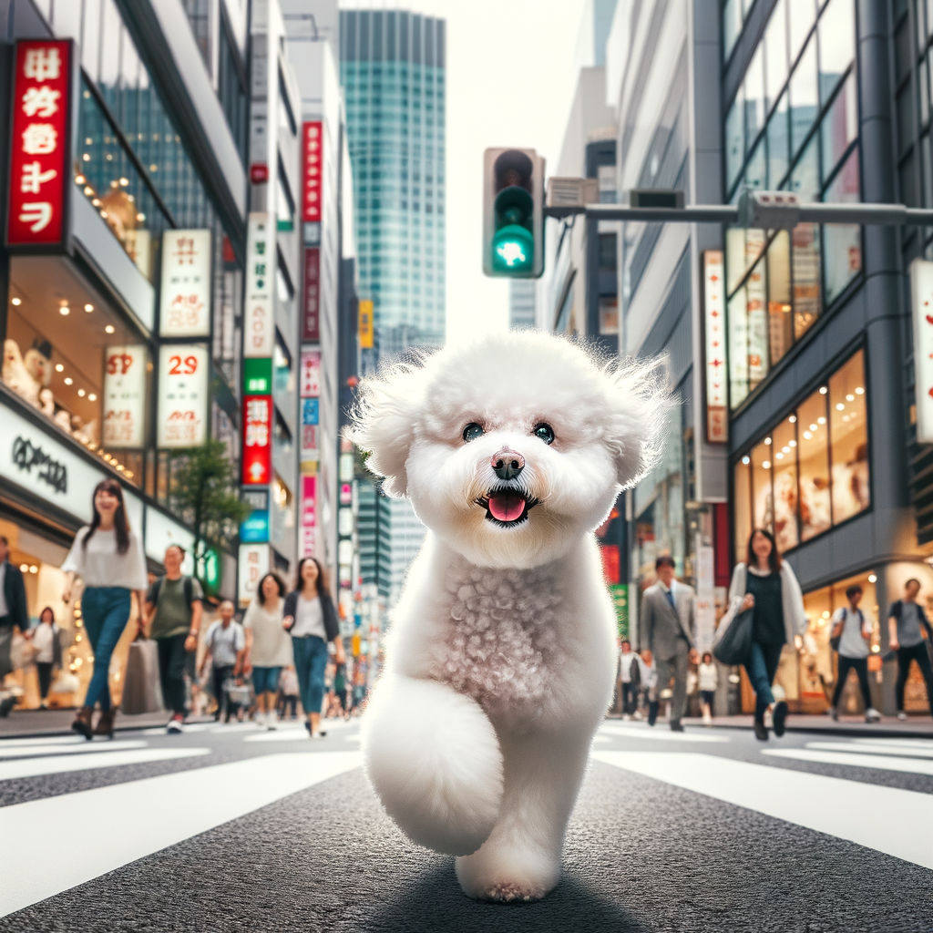 Bichon Frises as city dogs confidently navigating the urban canine lifestyle, showcasing their adaptability and suitability for apartment living in bustling city areas.