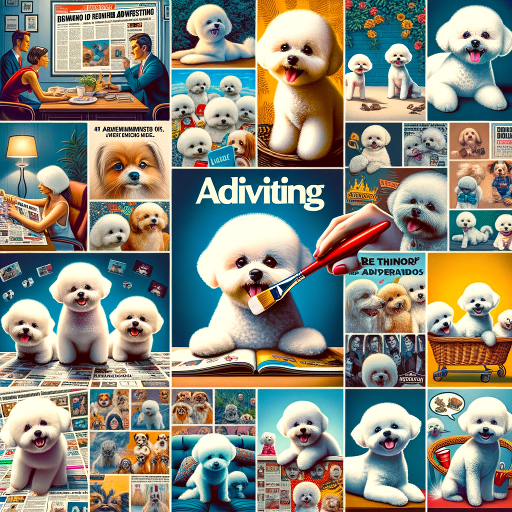 Collage of Bichon Frises in advertising, highlighting their role in ads as brand mascots, their impact on the advertising industry, and their use in marketing and commercial advertising campaigns.