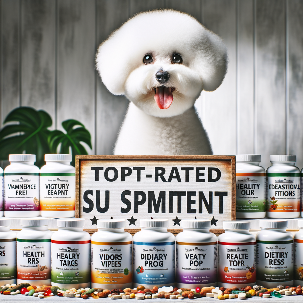 Healthy Bichon Frise with a variety of best Bichon Frise health supplements, vitamins, and dietary supplements on a table for improving Bichon Frise health and wellness.