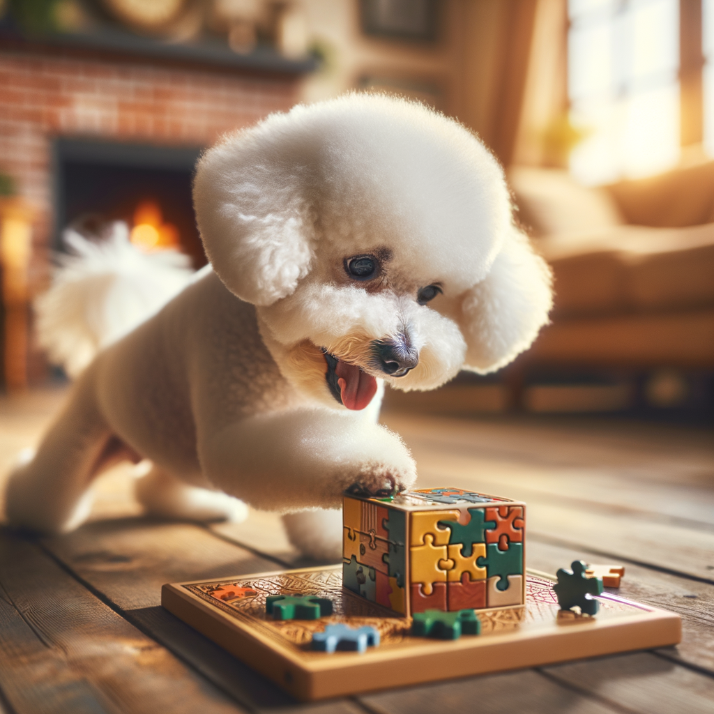 Bichon Frise engaging in mental stimulation with a puzzle toy, demonstrating beginner-friendly Bichon Frise enrichment ideas and training tips for mental health and activity.