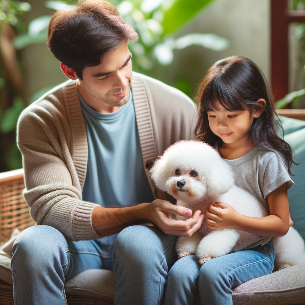Child safely petting a Bichon Frise under adult supervision, demonstrating bonding with Bichon Frises and fostering a loving connection, highlighting Bichon Frises as child-friendly family pets.