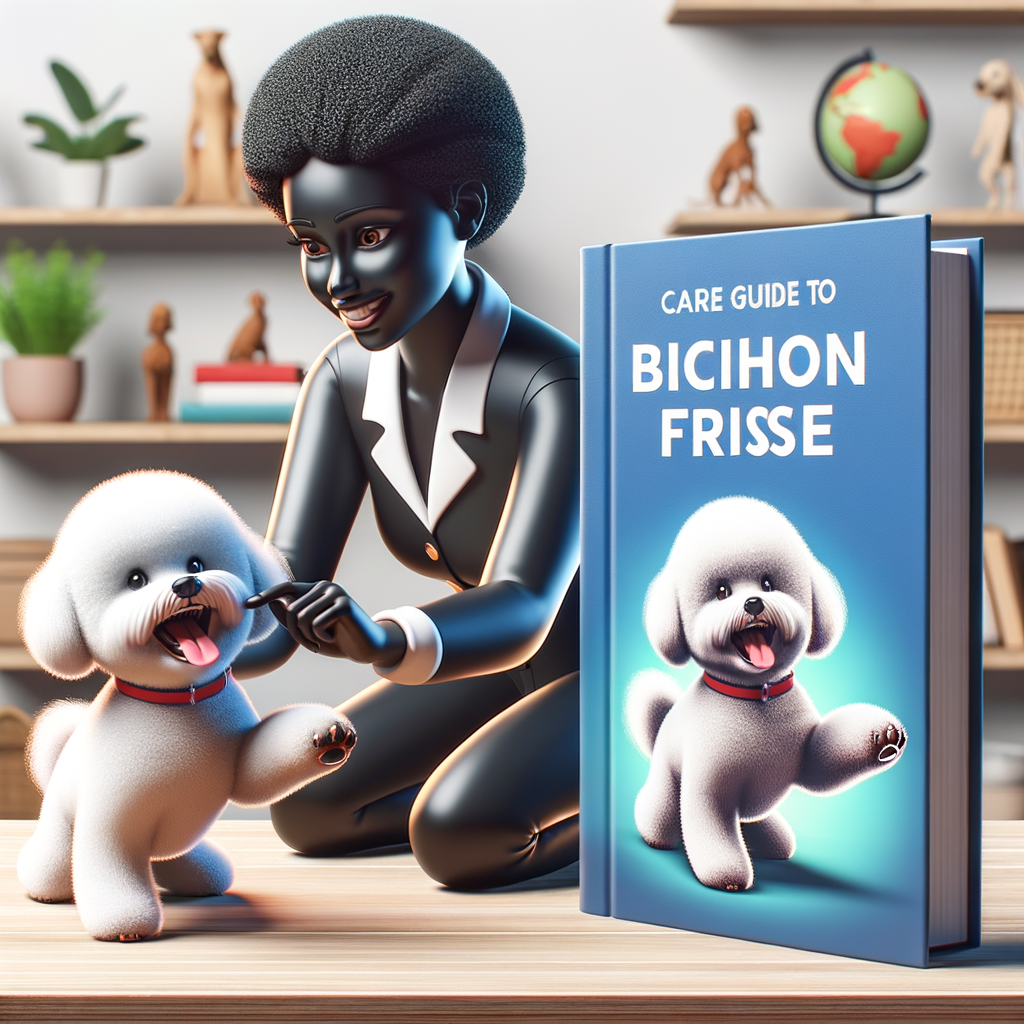 Dog trainer demonstrating Bichon Frise bonding tips during a playful training session, with a Bichon Frise care guide in the background, emphasizing the importance of understanding Bichon Frise behavior for improving the pet-owner relationship.