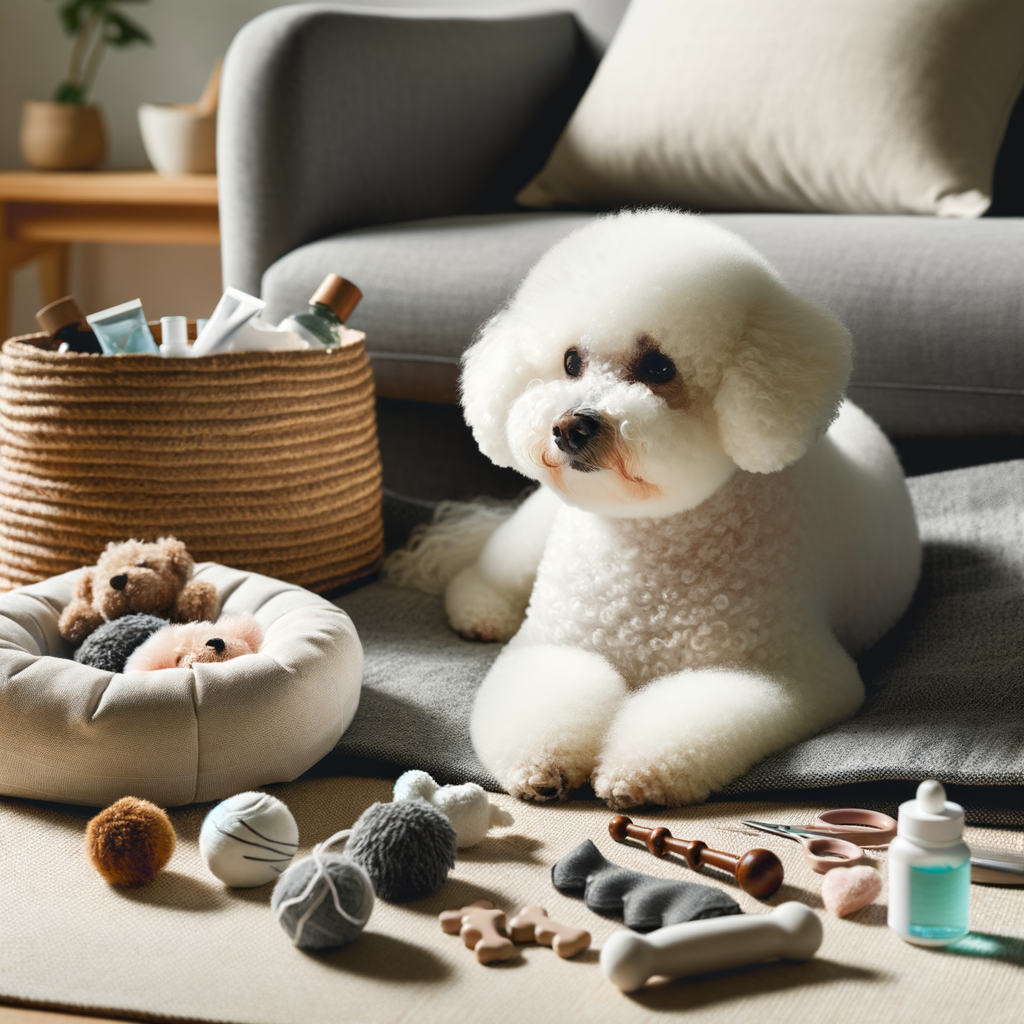 Calm Bichon Frise dog with anxiety alleviation strategies like calming toys, a comfortable bed, and anxiety wrap, showcasing effective Bichon Frise anxiety solutions and stress relief.