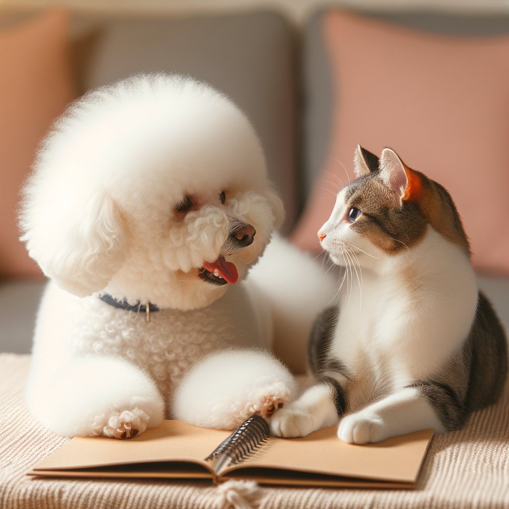 Bichon Frises and cat demonstrating friendly interaction, showcasing Bichon Frises cat compatibility and potential for harmonious coexistence.