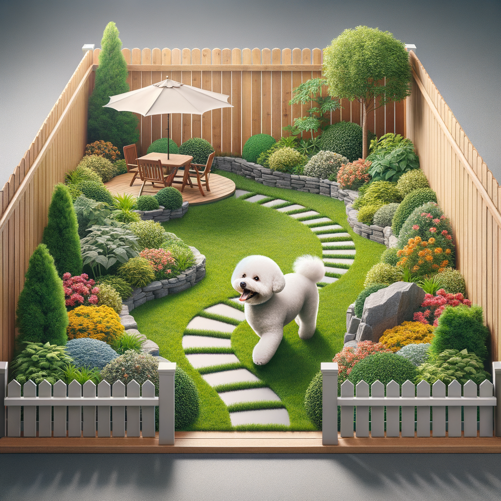 Bichon Frise enjoying a dog-safe yard setup with pet-friendly garden design, highlighting tips for creating a safe outdoor space for dogs, ensuring yard safety for Bichon Frise.