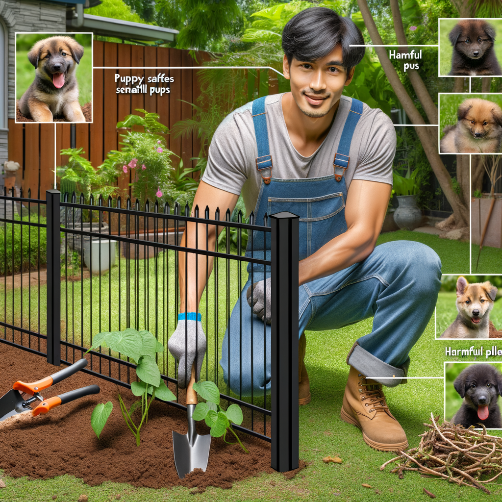 Professional landscaper puppy-proofing a garden with secure fence, safe play zone, and removing harmful plants for creating a puppy safe garden, showcasing puppy-proof garden ideas for a safe outdoor space for puppies.