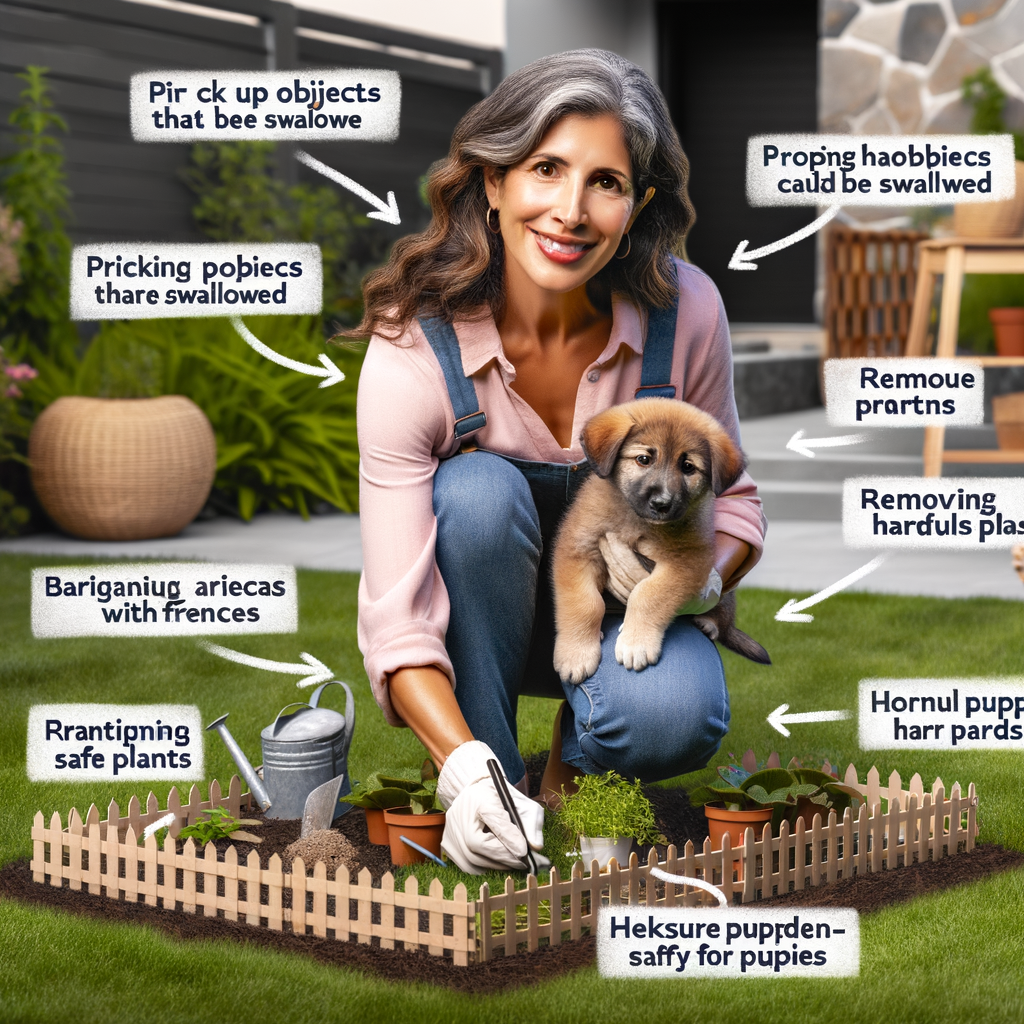 Professional landscaper puppy-proofing a garden, addressing puppy garden hazards, and creating a dog-friendly garden with puppy safe garden plants for a safe outdoor space for puppies.