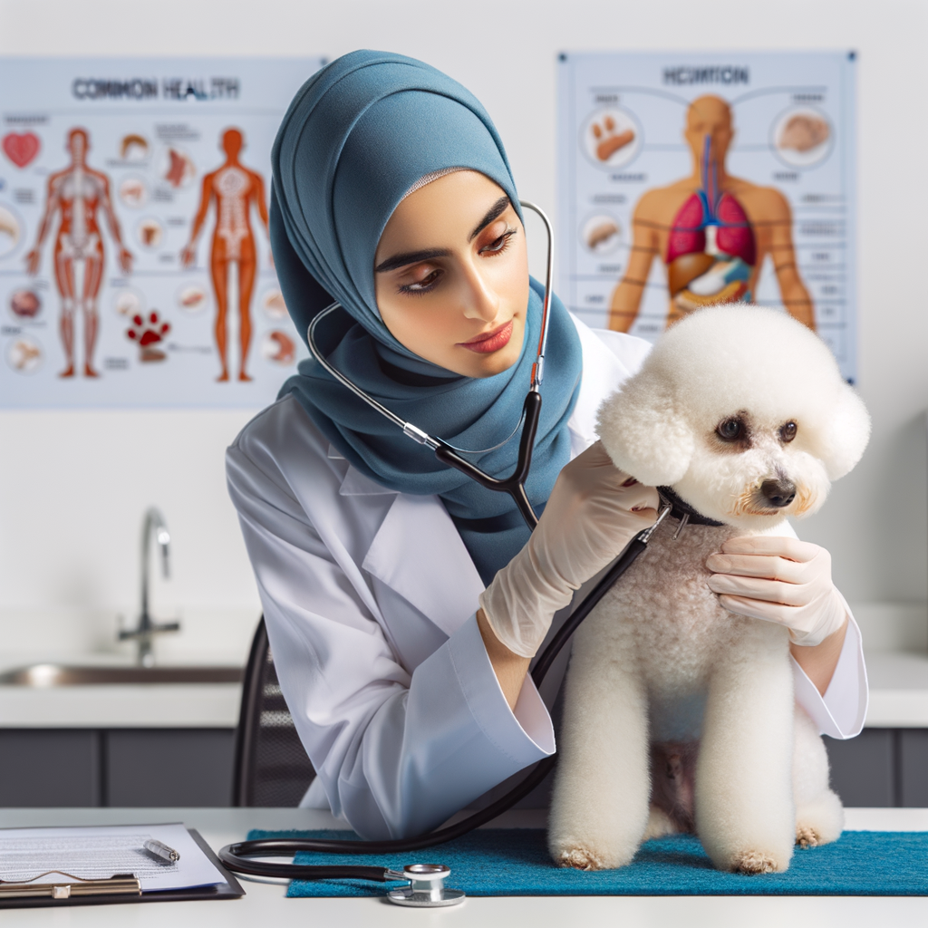 Veterinarian attentively examining a Bichon Frise in a clinic, demonstrating Bichon Frise health care basics, common issues, and the importance of regular vet visits for optimal Bichon Frise health.