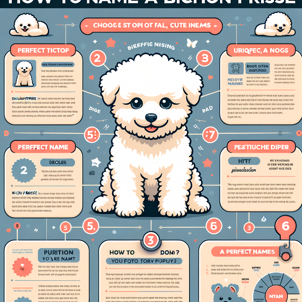 Infographic illustrating a Bichon Frise naming guide with tips for choosing unique and cute Bichon Frise puppy names, showcasing perfect name ideas and best names for a Bichon Frise.