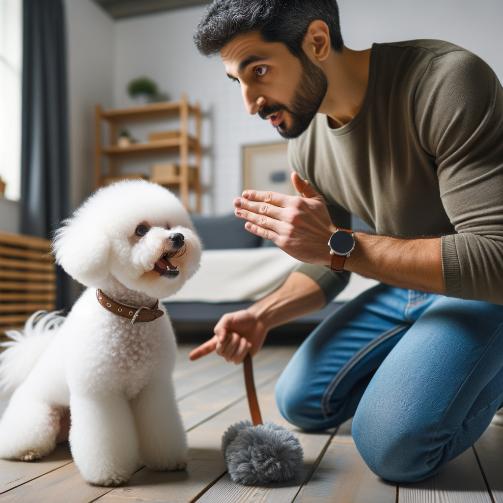 Professional dog trainer demonstrating bark control techniques to a Bichon Frise, highlighting Bichon Frises barking habits, behavior, noise level, temperament, and effectiveness of bark training for noise control.