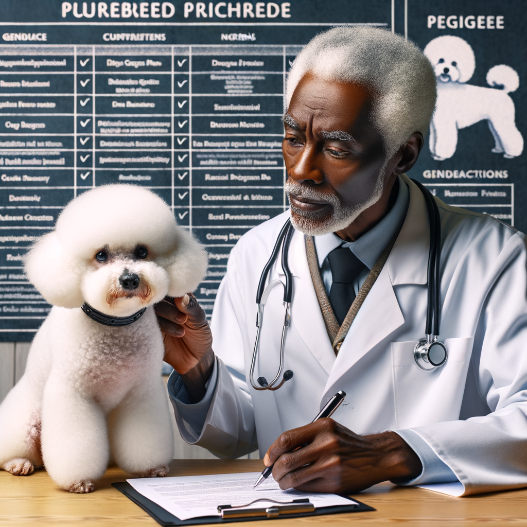Veterinarian verifying Bichon Frise purebred status using breed standards checklist, highlighting authentic Bichon Frise traits and pedigree for purebred identification.