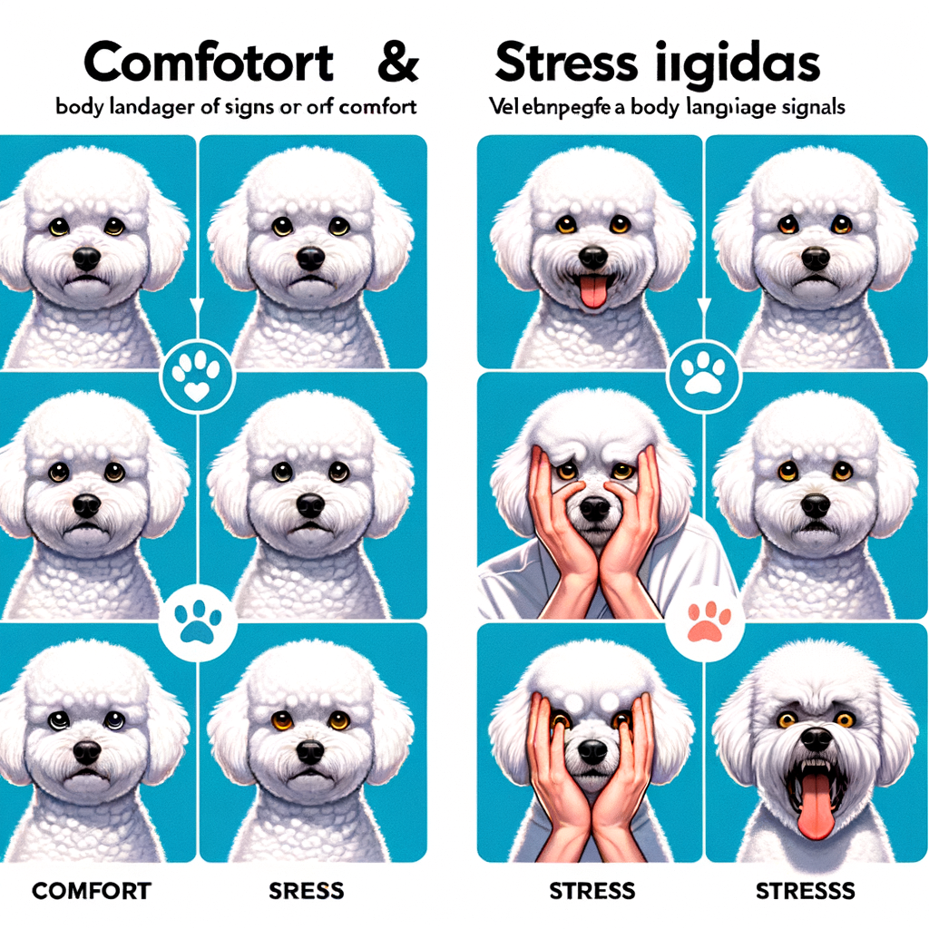 Infographic illustrating Bichon Frise behavior and body language, showcasing comfort signs and stress indicators for better understanding and interpreting of Bichon Frise communication, including Bichon Frise anxiety symptoms.