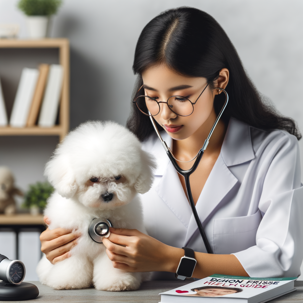 Veterinarian conducting a Bichon Frise health check, monitoring dog's vital signs with medical equipment, emphasizing the importance of understanding and monitoring Bichon Frise health and vital signs as per the Bichon Frise health guide.