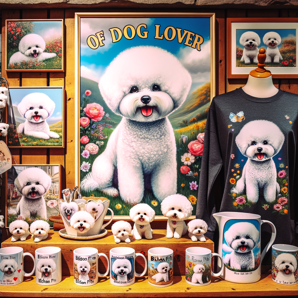 Vibrant display of unique Bichon Frise gifts and merchandise, perfect gift ideas for Bichon Frise owners and dog enthusiasts.