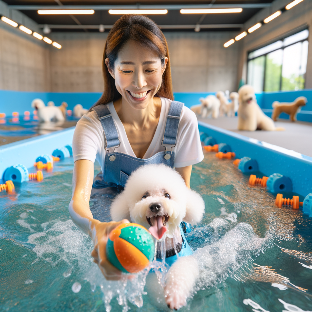 Professional trainer teaching a Bichon Frise to swim and enjoy water activities safely, highlighting the importance of Bichon Frise water training, introduction, and playful water exercises.