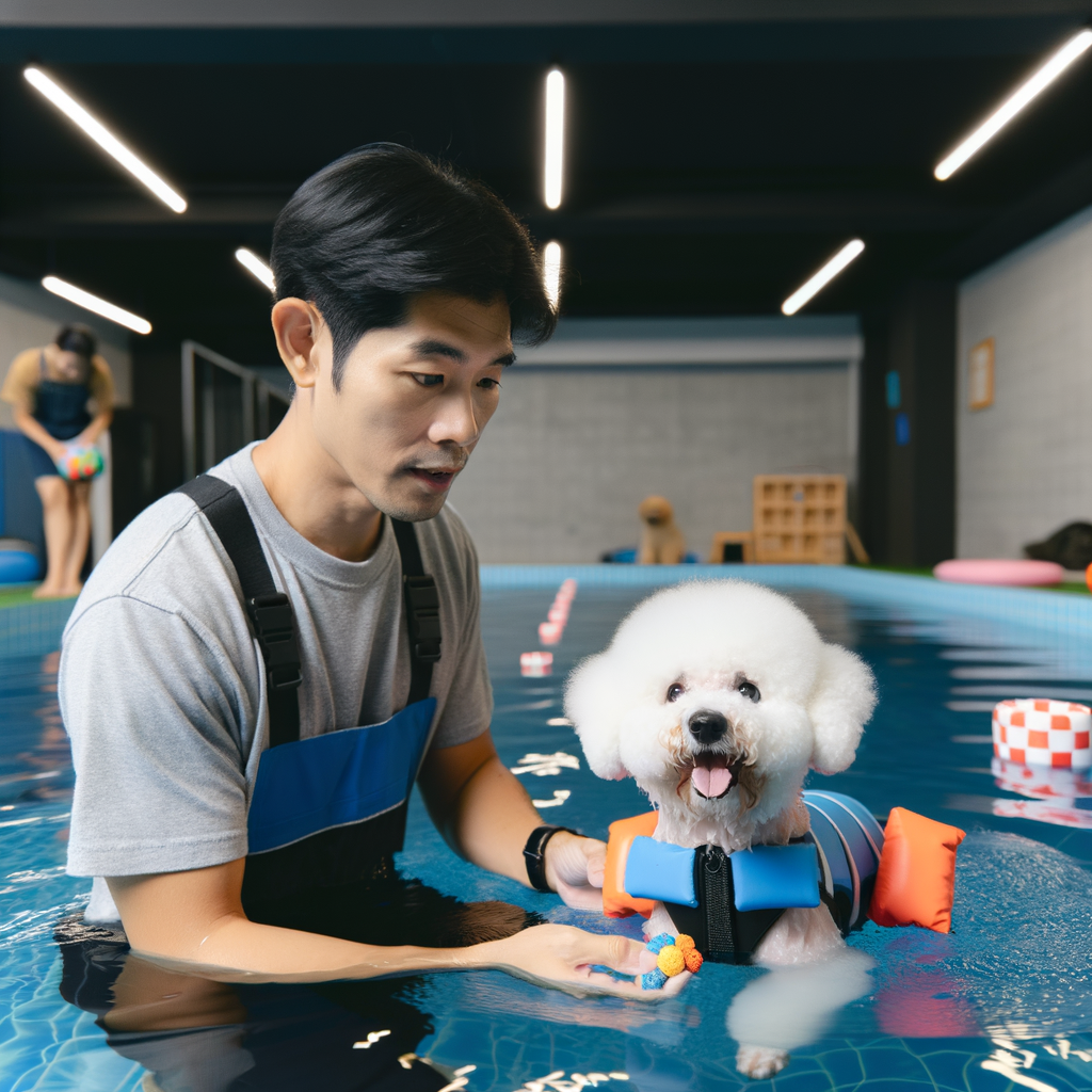 Professional dog trainer teaching Bichon Frises to swim, demonstrating Bichon Frises swimming ability and emphasizing Bichon Frises water safety during swim training.